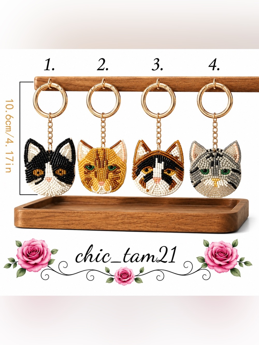 Beaded Handmade Cat Face Keychain or Bag Charm
